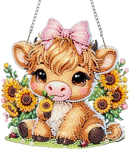 Zamety Diamond Painting Anhänger, Diamant Painting Hochlandkuh, Diamond Painting Tiere Girlande, Diamond Painting Fensterbilder Kuh Anhänger mit Kette, Diamond Painting Kinder für Zuhause Decor