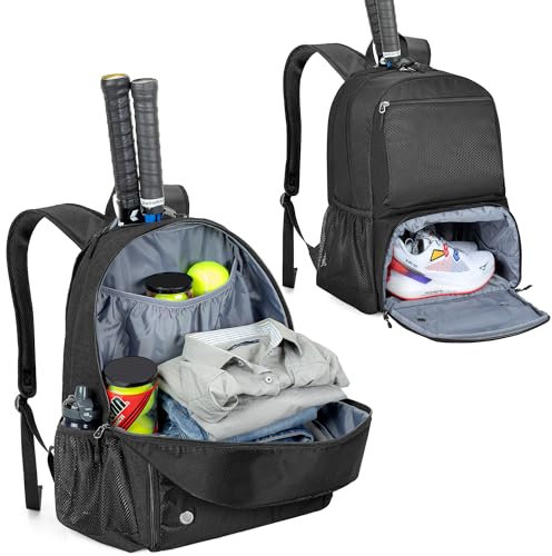 DSLEAF Tennistasche mit separatem belüftetem Schuhfach, Tennisrucksack für 2 Schläger mit gepolsterten Schultergurten Schwarz