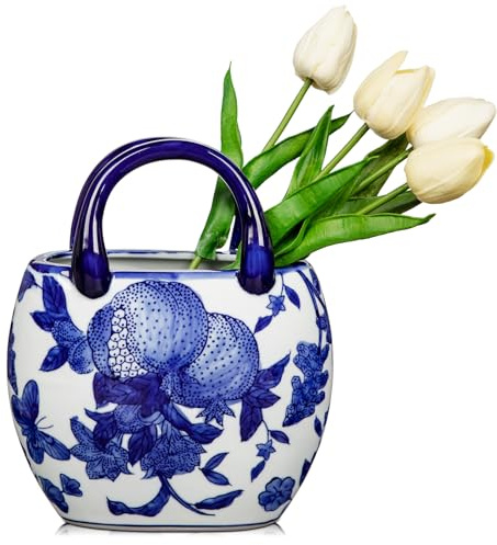 Hollyone 23 cm Keramik Blumenvase, Blau-Weiße Vase für Blumen, Klassische Keramikvasen mit Henkeln für Raumdekoration, Handtaschenvase Deko für Büro, Haus, Tisch, Hochzeitsdekoration