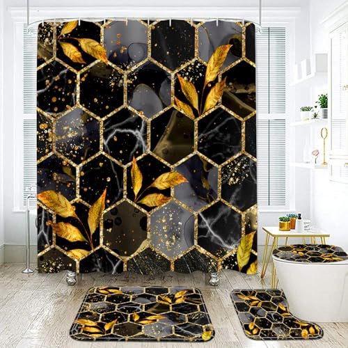 NEWSUYAA,4 Pcs Geometric Honeycomb Marble Bathtub Curtain Bath Decor with Mat Marble Shower Curtains with Rugs Bathroom Decorations Sets,U Shape Carpets and Toilet Lid Cover (Black)