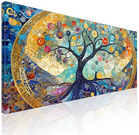 CheQuadro! Quadro moderno soggiorno, quadro grande, Albero Della Vita Mosaico Blu E Dorato, avt24 quadro stampato su tela pronto da appendere 150x70 cm