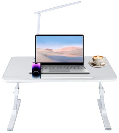 Tragbarer Betttisch mit LED-Lampe und Schublade, Laptop-Schreibtisch für Sofa, Studium und Lesen, höhenverstellbar, mit 3 verstellbaren Winkeln (weiß)