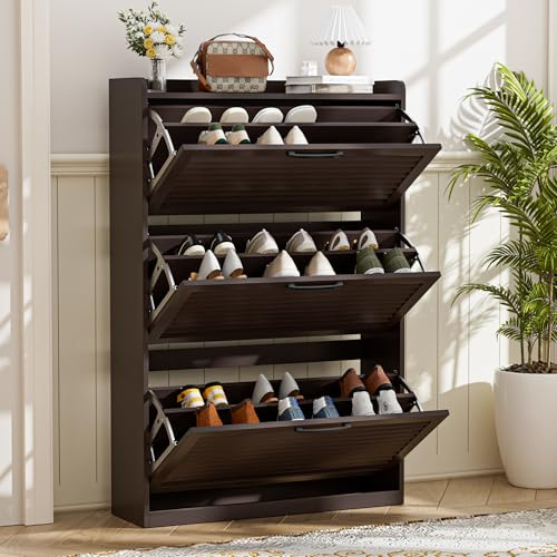 BonVache Mueble para Zapatos Estrecho, Armario basculante con Puerta de persianas, Mueble con 3 abatibles y 6 estantes Ajustables, Almacenamiento de Zapatos de Madera, 80x24x120 cm, Café