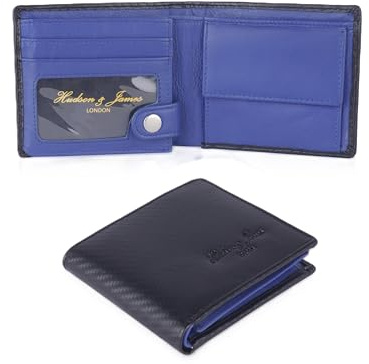 Hudson & James Designer Real Genuine Mens Leather Wallet Purse Gift Box (Carbon Black/Blue)