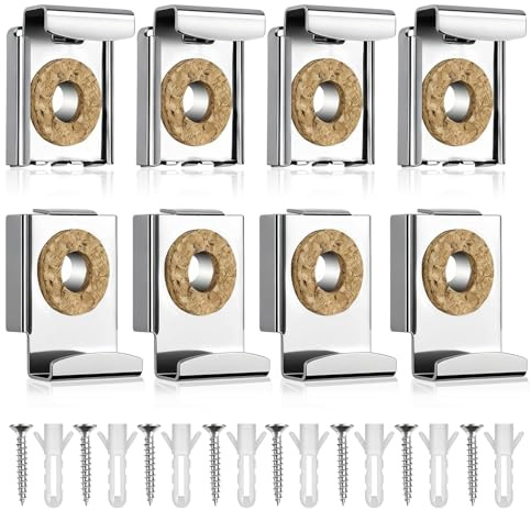 2 Set (8 Stück) Silber Federbelastete Spiegelhalterung - Höhenverstellbare Spiegelklammern mit Korkauflage, Spiegelhalterung Wand für Bad- & Zimmerspiegel bis 12kg