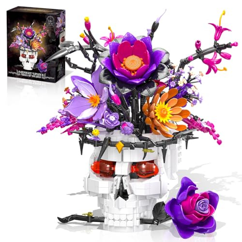 Lila Rosen Blumenstrauß mit Totenkopf Vase, Gothic Deko Klemmbausteine | 1543PCS Künstliche Blume für Erwachsene, Geschenk für Sie und Ihn zum Geburtstag, Halloween Deko, Jahrestag, Weihnachten