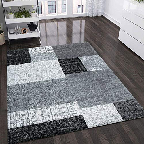 VIMODA Teppich Wohnzimmer Kurzflor Designer Teppiche in Schwarz Grau Weiß Kachel-Optik Kariert Pflegeleicht, Maße:80x150 cm