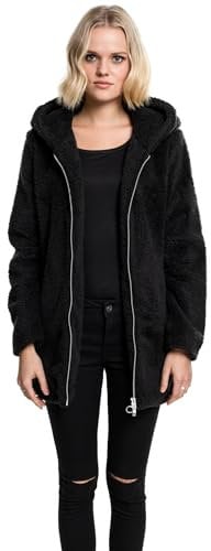 URBAN CLASSICS Giacca per Donna in Sherpa con Cappuccio, Cappotto Lungo dal Taglio Oversize, Chiusura a Zip, Diversi Colori Disponibili, Taglie XS - 5XL
