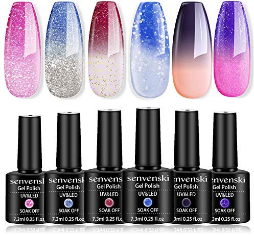 Senvenski Farbwechsel Gel Nagellack Farben Rosa Blau Rot Lila Weiß Pfirsich Lavendel Shellac Glitzer Stimmung Chamäleon Thermisch Temperatur UV LED Gift Set Kit Nagellack Kinder Mädchen (WB6-001)