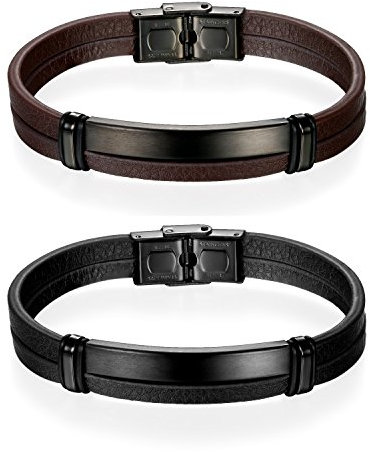 JewelryWe Schmuck 2pcs Herren Lederarmband mit Gravur Personalisierte Edelstahl Leder Doppelt Seil Poliert Armband Armreif Geschenk für Männer Schwarz Braun