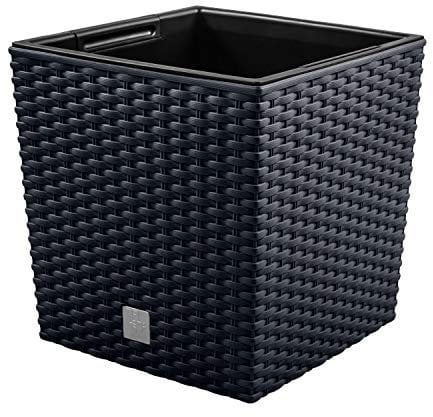 PAFEN Blumentopf RATTO Rattan-Optik Low Kunststoff Topf Blumenkübel inkl. Einsatz Übertopf anthrazit 40x40cm