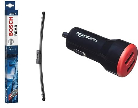 BOSCH Aerotwin Heckwischblatt A331H - Länge 330 mm & Amazon Basics - Kfz-Ladegerät für Apple- & Android-Geräte, USB-Anschluss: 2 Eingänge, 4,8 Ampere / 24 W, Schwarz/Rot