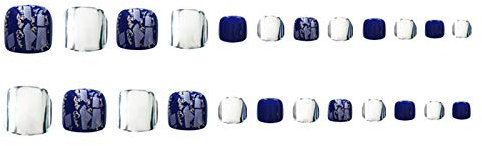 Lot de 24 faux ongles pour orteils - Forme carrée - Couverture complète - Bleu roi - Argenté, feuille d'or