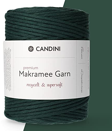 Candini Premium Makramee Garn waldgrün, 4mm x 200m, 100% recycelte Baumwolle, gezwirnt single-twisted, Baumwollgarn für Macrame in dunkelgrün