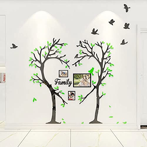 3D Wandtattoo Liebe Herz Baum Acryl Aufkleber Herzförmige Wandaufkleber Grünblätter Flyingbirds Kreative Wandbilder Hintergrund für DIY Flur Wohnzimmer Wohnkultur Wanddekor mit Bilderrahmen