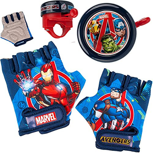 alles-meine.de GmbH 3 TLG. Set: Fahrradklingel + Fahrradhandschuhe - Avengers - Ding Dong - 2 Klang - stabiles Metall - UNIVERSAL Klingel für das Fahrrad/Jungen Mädchen - klein..