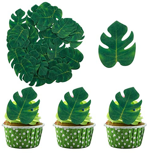 Gyufise 48Pcs Edible Monstera Tropical Leaves Cupcake Toppers Palm leaves Cake Decorations for Jungle Hawaiian Theme Baby Shower Kids Birthday Party Supplies