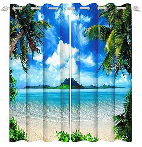 Renaiss 107x245cm Strand Blau Meer Himmel Palme Fenstervorhänge Wärmeisolierter Bedruckter Vorhang Sommerthema Vorhänge für Kinder Teens Erwachsene Schlafzimmer Wohnzimmer Polyester Club Cafe Vorhang
