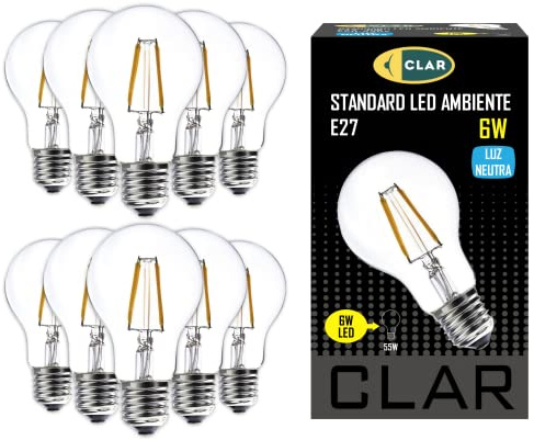 CLAR - E27 LED Vintage, LED Filament E27, Retro Glühbirne, Neutralweib 4900K 6W (Pack 10)