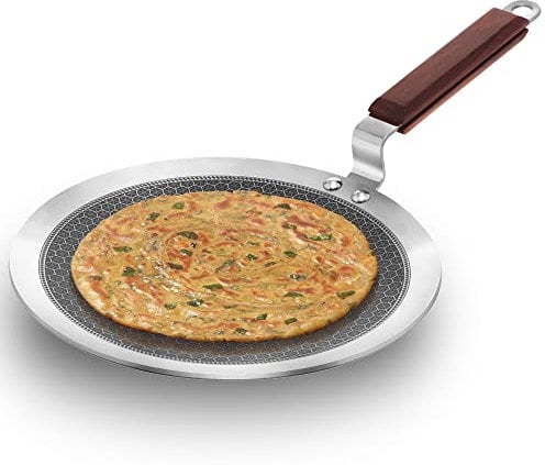 HAWKINS 26 cm Paratha Tava, Triply Stainless Steel Shielded Nonstick Tawa with Rosewood Handle, Honeycomb Non Stick Induction Tawa, Silver (NSPT26)