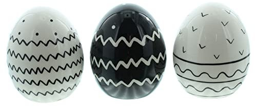 FRANK FLECHTWAREN Deko-Ei Pattern, 3er Set, Moderne Osterdeko aus Porzellan, glänzend lackiert mit grafischen Mustern in Schwarz und Weiß, Maße: Höhe 8 cm