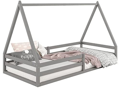 Hausbett SILA aus massiver Kiefer, schönes Montessori Bett in 90 x 200 cm, stabiles Kinderbett mit Rausfallschutz und Dach in grau