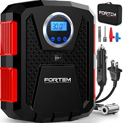 FORTEM Compressore Aria Portatile per Pneumatici, Pompa per Bicicletta, Compressore Aria 230V AC 12V DC con Luce a LED, Manometro Digitale Pneumatici con Gonfiaggio/Spegnimento Automatico (Rosso)