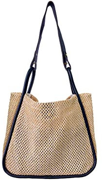 Ulisty Damen Künstliches Stroh Strohtasche Weben Tragetasche Sommer Strandtasche Shopper Umhängetasche Oberer Griff Tasche Handtasche 2 Stück Set schwarz