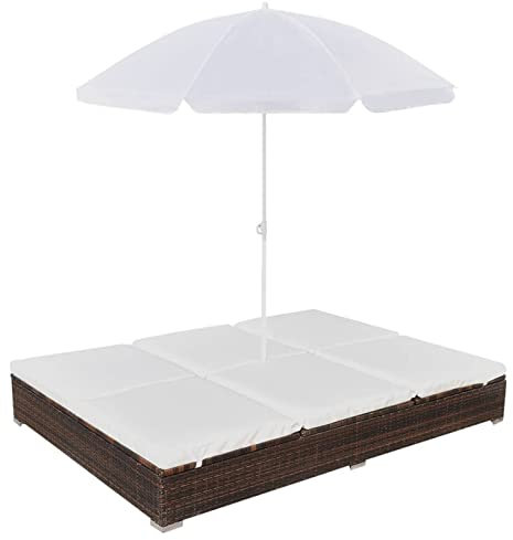 Yolola Outdoor-Loungebett mit Sonnenschirm Verstellbar Doppelliege Gartenliege Poly Rattan Braun Rattanliege Loungebett Outdoor Liegestuhl Rattan Relaxliege Rattan-Sonnenliege für 2 Personen