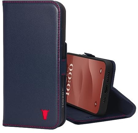 TORRO Leather Case Compatible with iPhone 15 – Premium Leather Wallet Case with Kickstand and Card Slots - Navy Blue