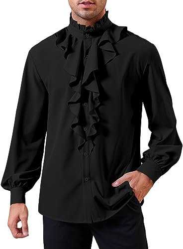 GAMISOTE Camicia da uomo a maniche lunghe, medievale, per il Rinascimento gotico, Steampunk, Nero , XXL