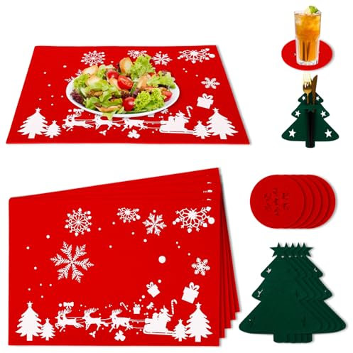 Weihnachten Platzsets, Weihnachten Tischsets Abwaschbar Platzsets aus Filz, 6er Platzsets, 6er Glasuntersetzer und 6er Bestecktaschen, Weihnachtstisch Platzdeckchen Teller Untersetzer Filzmatte