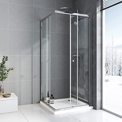 Duschkabine 90x100cm, Eckeinstieg Doppel Schiebetür Duschabtrennung Eckdusche mit 6mm ESG Sicherheitsglas Duschabtrennung Höhe 185cm