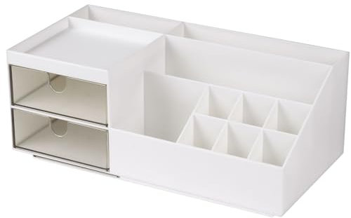 URAQT Make Up Organizer, Kosmetik Organizer mit 2 Schubladen und 10 Fächern, Makeup Organizer Schminke und Skincare Kosmetik Aufbewahrung, Schminktisch Organizer für Schminktisch Bad und Schlafzimmer