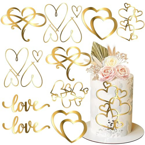 10Pcs Gold Heart Cake Toppers Valentine's Day Wedding Acrylic Heart Shaped Love Cupcake Dessert Toppers Cake Decorations for Birthday Anniversary Engagement Bridal Shower Party Cake Décor