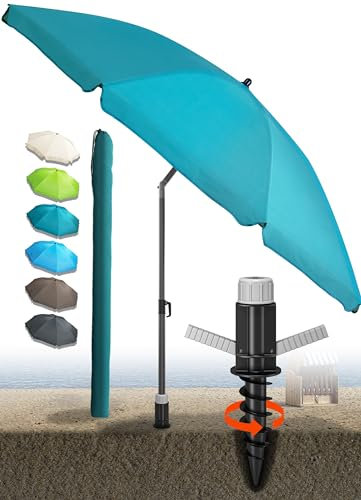 4smile Sonnenschirm Strand SunnyJoy Ø 180 cm, 3-IN-1 Set - UPF 50+ Strandschirm + Sonnenschirm Schutzhülle + Bodenhülse - Strandschirm windfest stabil, Sonnenschutz Strand, Gartenschirm, Türkis