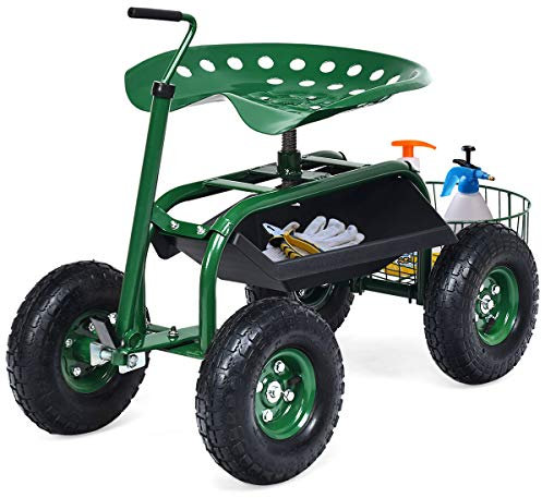 COSTWAY Siège de Jardin Roulant avec Poignée Extensible, Chariot Jardinage avec Siège Rotative 2 Plateaux à Outils Panier de Rangement 4 Roues en Caoutchouc (96,5 x 47,5 x 47-55 cm)