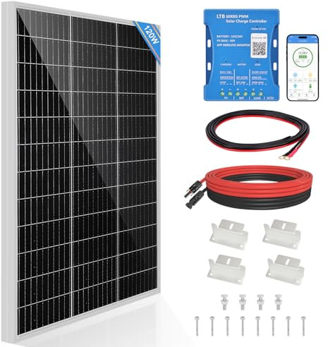 DERUXI 120W Kit Panneau Solaire Monocristallin 12V Panneau Solaire 120 Watt Contient 20A Bluetooth Régulateur de Charge Golaire + 5m de Câble Solaire + Z-Brackets pour Camping-car, Bateau, Caravane