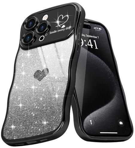 Teageo Wellen Rahmenform Handyhülle für iPhone 15 Pro, Mädchen Stilvoll Curly Wellen Form Schutzhülle Galvanisierte Glitzer TPU Kameraschutz Kratzfest Hülle für iPhone 15 Pro, Schwarz