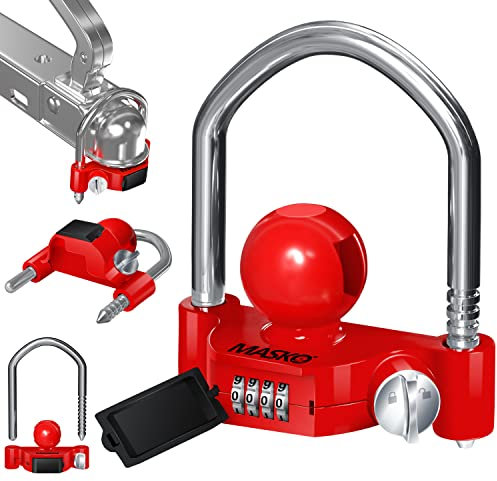 MASKO® Anhängerschloss Zahlenschloss mit 4 Stellig Code für gängige Anhängerkupplung Anhängerkugelsperrkupplung einfache Montage Diebstahlschutz Wohnwagen Anhänger Abschleppsperre Stahlbügel Rot