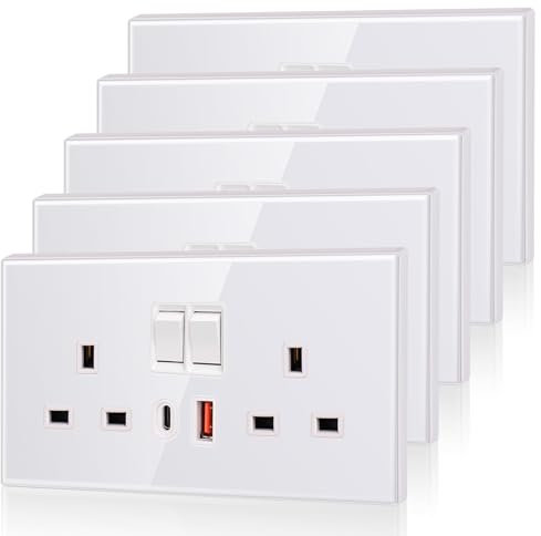 5 Pack CNBINGO USB Type C Glass Double Socket, 20W Max Fast Charging, Double Switched Socket with 20W PD USB C and A, 2 Gang Electric Power Socket, White Wall Outlet with Tempered Glass Panel