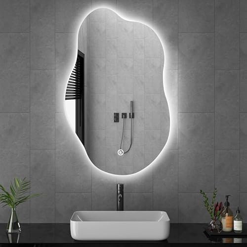 Goezes Unregelmäßiger LED Rahmenloser Spiegel, Asymetrischer Wandspiegel mit Beleuchtung 3 Lichtfarbe Dimmbare 3000-6500K, ideal Dekorativer für Wand, Eingang, Flur, Badspiegel mit Touch-Schalter