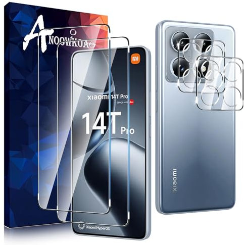 Anoowkoa 2 Pack para Xiaomi 14T Pro Protector de Pantalla + 2 Pack Protector de Lente de Cámara, protector de pantalla de vidrio templado, película protectora