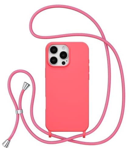 ZTOFERA Crossbody Lanyard Case for iPhone 16 Pro (6.3), Hot Pink | Liquid Silicone Phone Case with Strap, Adjustable Neck Cord Necklace, Soft Protective Cover, Portability, Anti-Drop