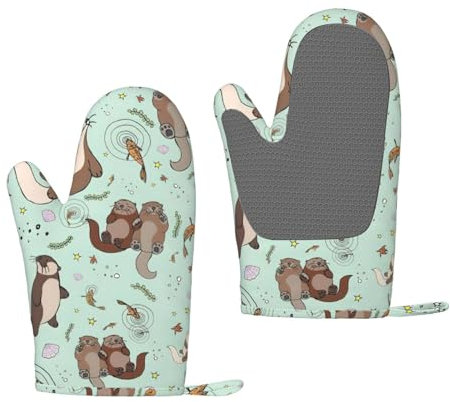 2 x hitzebeständige Ofenhandschuhe aus Silikon, Otter-Druck, zum Kochen.