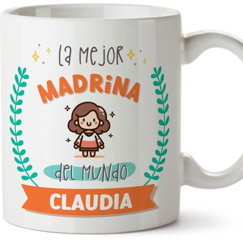 MUGFFINS Tazas Personalizadas para MADRINA - En Español - Mejor del mundo - Con dibujo - 11 oz / 330 ml - Regalo personalizable original y divertido
