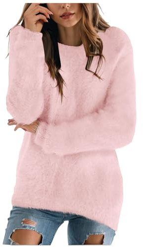 XIANUOJI Pull Femme Chaud Chic Couleur Unie Pullover Col Rond Hauts Manche Longue Pull Femme Hiver Tricoté Leger Chic et Elegant Pullover Sexy Casual Hiver Chaud Pull (Rose, XXXL)