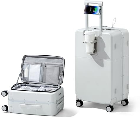Hanke 24 Inch Medium Checked Suitcases Top Opening with Wheels Hard Shell Suitcase Hand Luggage with Combination Lock and Cup Holder,Smoke White