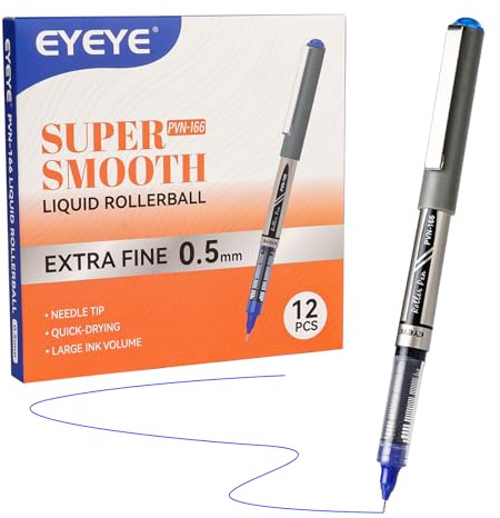 EYEYE Tintenroller mit Flüssigtinte, 0,7 mm feine Nadelspitze, 12 Stück, blau, schnell trocknend, Roller, glattes Schreiben für Journaling, Notizen, Büro- und Schulbedarf