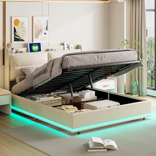 LIVLUX Lit Coffre 140 x 200 cm,avec Éclairage LED et Port USB,Lit Double Rembourré avec Rangement et Tete de lit,pour Adultes et Adolescents,Velours(Beige, 140 x 200 cm)